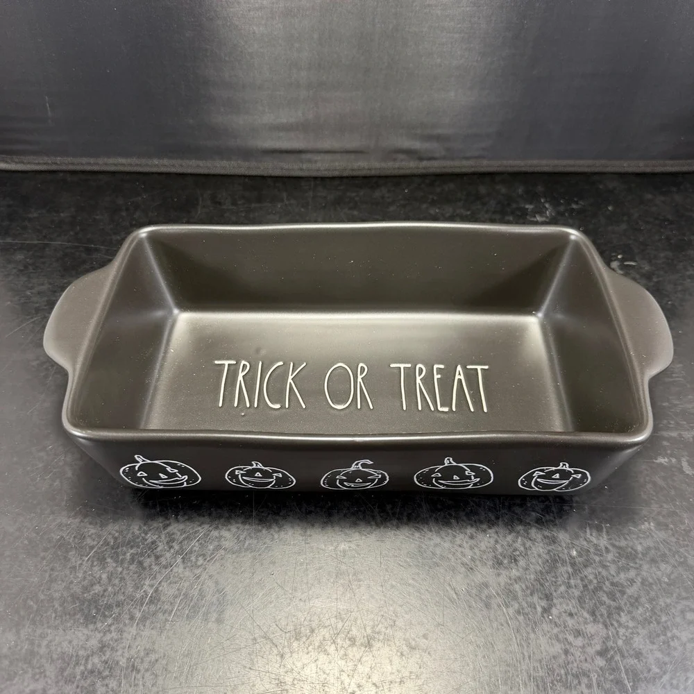 Rae Dunn Trick or Treat Halloween Loaf Pan Matte Black Pumpkin Ceramic Baker